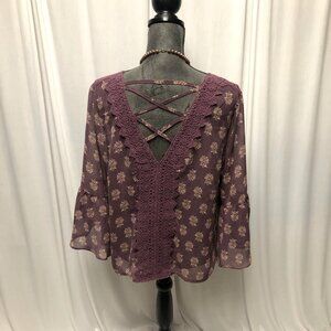 Rewind Peasant Top Womens Size XL Mauve Bell Sleeves Sheer Criss Cross Lace Back